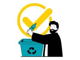 Save Earth concept with character situation. Man collects and separates garbage and throws plastic bottle into container for recycling. Vector illustration with people scene in flat design for web