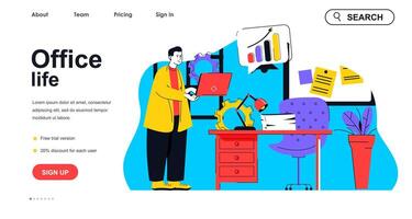 Office life concept for landing page template. Manager working and doing work tasks in workplace. Workflow and management people scene. Vector illustration with flat character design for web banner