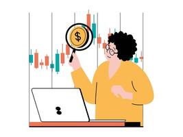 Stock trading concept with character situation. Woman analyzes financial chart, explores market, works with data and makes trend forecast. Vector illustration with people scene in flat design for web