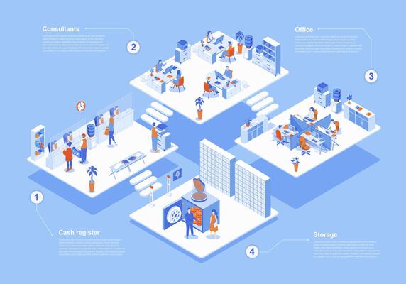 Bank concept 3d isometric web scene with infographic. People working at office, clients stand to cash register, consultants in room, safe storage. Vector illustration in isometry graphic design