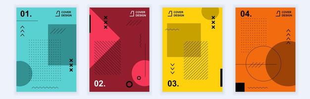 Abstract brochure covers set in modern minimal geometric design. Memphis style background templates with different shapes, grids and diagonal stripes in A4 format for presentation. Vector illustration
