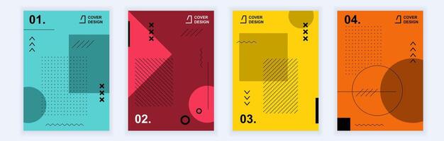 Abstract brochure covers set in modern minimal geometric design. Memphis style background templates with different shapes, grids and diagonal stripes in A4 format for presentation. Vector illustration