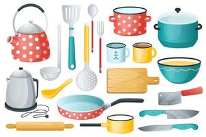 Kitchenware set graphic elements in flat design. Bundle of kettle, ladle, spoon, fork, frying pan, mug, board, bowl, knife, rolling pin, spatula and other utensil. Vector illustration isolated objects