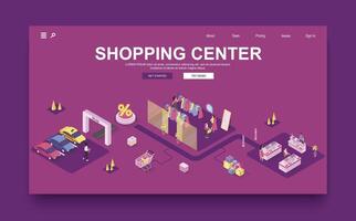 Shopping center concept 3d isometric landing page template. People choose clothes in boutique, buy goods on shelves of store in seasonal sales. Vector illustration in isometry graphic design.