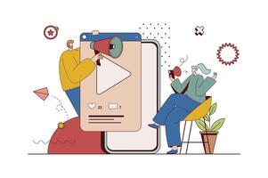 móvil márketing concepto con personaje situación en plano diseño. hombre atrae nuevo clientes con viral vídeo contenido, mujer hace compras comercio electrónico vector ilustración con personas escena para web