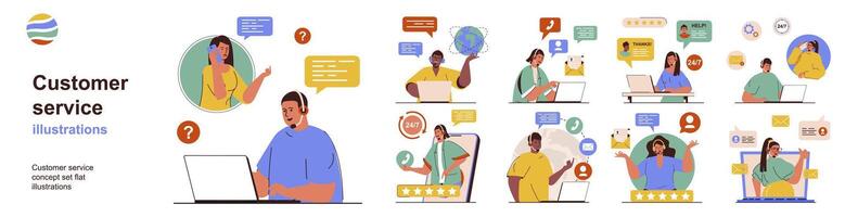 Customer service concept with character situations collection. Bundle of scenes people answer calls and messages, find solutions to problems, consult online. Vector illustrations in flat web design