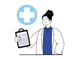 médico concepto con personaje situación. médico sostiene paciente tarjeta, diagnósticos y consultas, prescribe tratamiento y trabajos en clínica. vector ilustración con personas escena en plano diseño para web