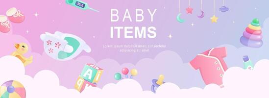 Baby items horizontal web banner. Kid toys, booties, diapers, ball, pacifier, bodysuit, pyramid and other newborn elements. Vector illustration for header website, cover templates in modern design