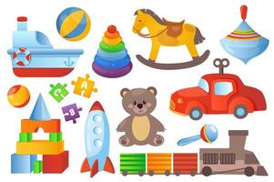 Kid toys set graphic elements in flat design. Bundle of ship, ball, children pyramid, horse, spinning top, clockwork machine, puzzle, teddy bear, rattle and other. Vector illustration isolated objects