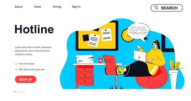 Hotline concept for landing page template. Woman operator consults, answers calls and messages. Customer support center people scene. Vector illustration with flat character design for web banner