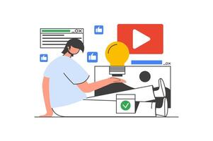 Marketing outline web concept with character scene. Man creating viral content and making advertising. People situation in flat line design. Vector illustration for social media marketing material.