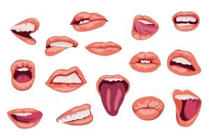 Female mouths expressing emotions set graphic elements in flat design. Bundle of facial gestures of open and closed mouth, bit lip, shows tongue, kisses and other. Vector illustration isolated objects