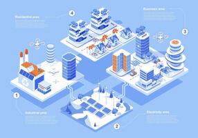 Smart city concept 3d isometric web people scene with infographic. Urban infrastructure with industrial, electricity, business and residential areas. Vector illustration in isometry graphic design