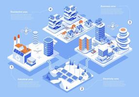 inteligente ciudad concepto 3d isométrica web personas escena con infografía. urbano infraestructura con industrial, electricidad, negocio y residencial áreas vector ilustración en isometria gráfico diseño