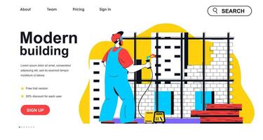 Modern building concept for landing page template. Builder working and welding metal structures. Real estate construction people scene. Vector illustration with flat character design for web banner