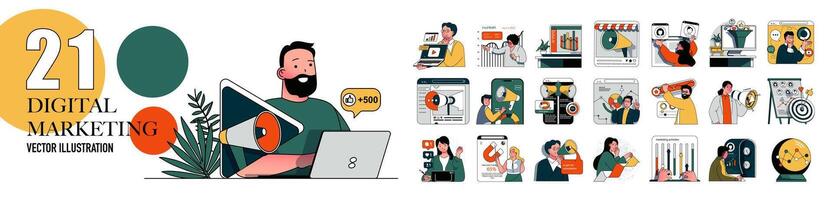 Digital marketing concept with character situations collection. Bundle of scenes people making advertising campaign, branding and online promotion, e-commerce. Vector illustrations in flat web design