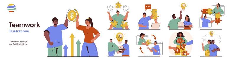 Teamwork concept with character situations collection. Bundle of scenes people cooperate, help and support each other, find joint solutions and partnerships. Vector illustrations in flat web design