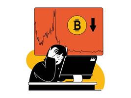 Cryptocurrency marketplace concept with character situation. Sad woman loses money from crash of price of bitcoins on crypto exchanges. Vector illustrations with people scene in flat design for web