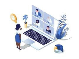 Video conference concept 3d isometric web scene. People communicates online and discuss tasks via video call, working distance at virtual group chat. Vector illustration in isometry graphic design