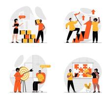 Teamwork concept with character set. Collection of scenes people working together, collaboration at project and targeting, collect puzzles and cubes in team. Vector illustrations in flat web design