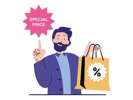 compras concepto con personaje situación. hombre cliente con bolso hace negociar compras a especial precios durante estacional ventas en almacenar. vector ilustración con personas escena en plano diseño para web