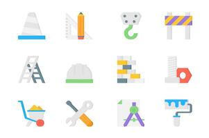 Construction 3d icons set. Pack flat pictograms of traffic cone, ruler and pencil, crane hook, barrier, ladder, wheelbarrow, screwdriver and other tools. Vector elements for mobile app and web design