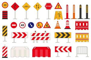 Road signs set graphic elements in flat design. Bundle of signpost and direction pointers, speed limit, detour, under construction, stop, turn, repair work, other. Vector illustration isolated objects