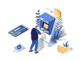 Online payment concept 3d isometric web scene. People make online transactions and pay using credit card in mobile application, money transfer in app. Vector illustration in isometry graphic design