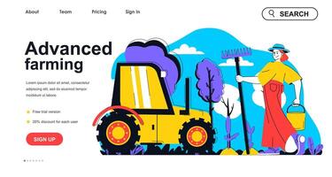 Advanced farming concept for landing page template. Woman working on farm, growing plants with modern machinery. Gardening people scene. Vector illustration with flat character design for web banner