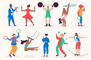 personas trabajo en circo conjunto en plano diseño. hombres y mujer ejecutando como malabaristas, acróbatas, payasos, mago y otro personal. haz de diverso caracteres. vector ilustración aislado personas para web