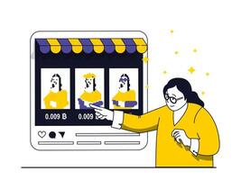 NFT token concept with character situation. Woman chooses and investing in digital artworks with non fungible token on virtual marketplace. Vector illustration with people scene in flat design for web