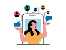 Social network concept with character situation. Woman receives different audience reactions to new post, collects likes and dislikes. Vector illustration with people scene in flat design for web