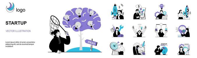 Startup concept with character situations collection. Bundle of scenes people generate business ideas, invest in new projects, develop company and target. Vector illustrations in flat web design