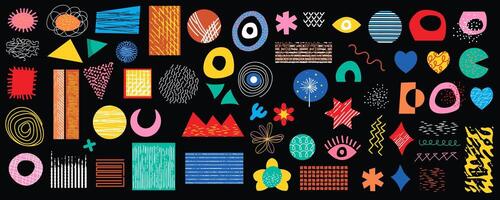 Retro geometric doodle shapes mega set in flat graphic design. Collection elements with abstract different types of spots, stars, moons, eyes, hearts, line texture, arrows, other. Vector illustration.