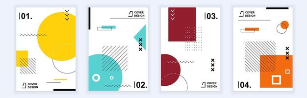 Abstract brochure covers set in modern minimal geometric design. Memphis style background templates with different graphic elements and texture in A4 format for company identity. Vector illustration