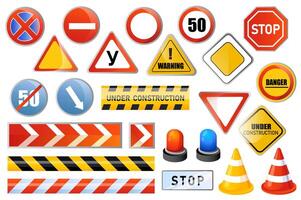 Road signs set graphic elements in flat design. Bundle of stop, speed limit, warning, danger, detour, under construction, traffic, direction and other symbols. Vector illustration isolated objects