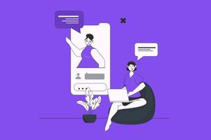Online video call web concept with character scene in flat design. People talk in video programm, discussing work tasks at virtual conference. Vector illustration for social media marketing material.