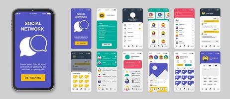 Social network mobile app screens set for web templates. Pack of login, avatar photo, information profile, friends, chats and other mockups. UI, UX, GUI user interface kit for layouts. Vector design