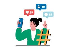 Social network concept with character situation. Woman taking selfie photo to new posts, collecting likes, comments and blog followers. Vector illustration with people scene in flat design for web