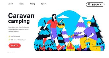 Caravan camping concept for landing page template. Woman and man resting, picking mushrooms and frying on campfire. Hiking people scene. Vector illustration with flat character design for web banner