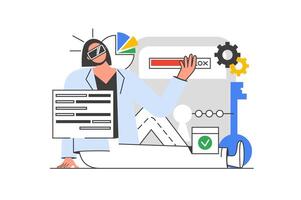 Cyberspace outline web concept with character scene. Woman in VR headset working with data at screens. People situation in flat line design. Vector illustration for social media marketing material.