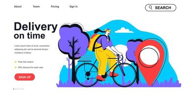 Delivery on time concept for landing page template. Woman courier carries parcel on bicycle to client. Express shipment people scene. Vector illustration with flat character design for web banner