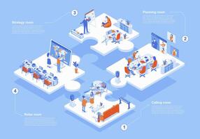 Outsourcing company concept 3d isometric web scene with infographic. People working in international company with global management and online teamwork. Vector illustration in isometry graphic design