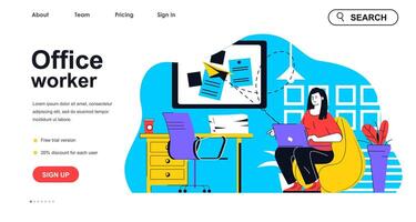 Office worker concept for landing page template. Employee does work tasks, works on laptop, sends emails. Company workflow people scene. Vector illustration with flat character design for web banner