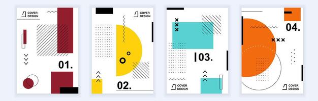 Abstract brochure covers set in modern minimal geometric design. Memphis style background templates with graphic elements in A4 format for business presentation and identity. Vector illustration