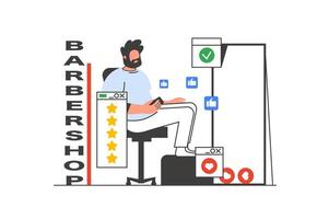 barbería contorno web concepto con personaje escena. hombre obtiene Corte de pelo, estilismo, barba aseo a salón. personas situación en plano línea diseño. vector ilustración para social medios de comunicación márketing material.