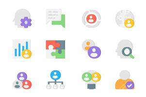 Teamwork 3d icons set. Pack flat pictograms of thinking, collaboration, communication, chat, globe, team, statistics analysis, puzzle, search and other. Vector elements for mobile app and web design