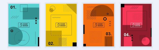 Abstract brochure covers set in modern minimal geometric design. Memphis style background templates with different shapes and elements in A4 format for advertising poster or flyer. Vector illustration