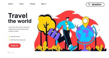 Travel the world concept for landing page template. Man with luggage and map goes on worldwide trip. Vacation and tourism people scene. Vector illustration with flat character design for web banner