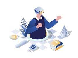 Immersive learning concept 3d isometric web scene. People wearing in VR headset to interacting with virtual reality for study and making researches. Vector illustration in isometry graphic design